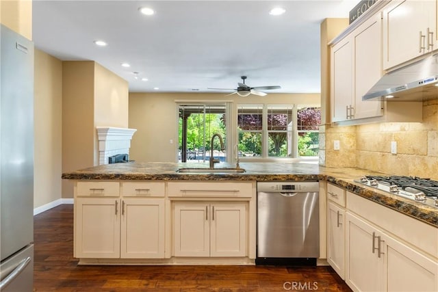 kitchen with under cabinet range hood, a ceiling fan, a sink, a peninsula, and appliances with stainless steel finishes
