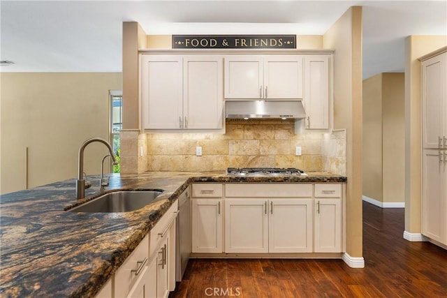 kitchen with dark stone counters, tasteful backsplash, a sink, appliances with stainless steel finishes, and under cabinet range hood
