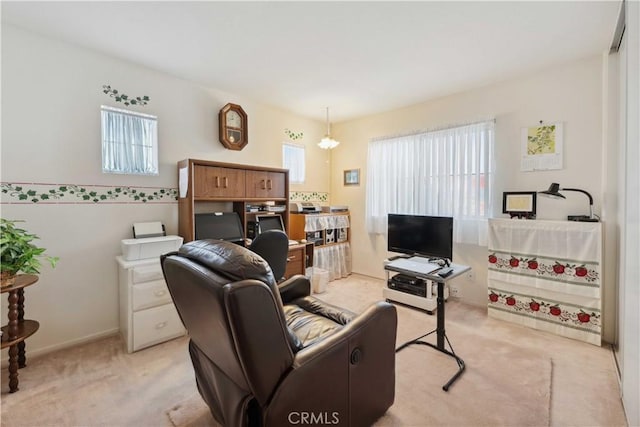 living area with light colored carpet