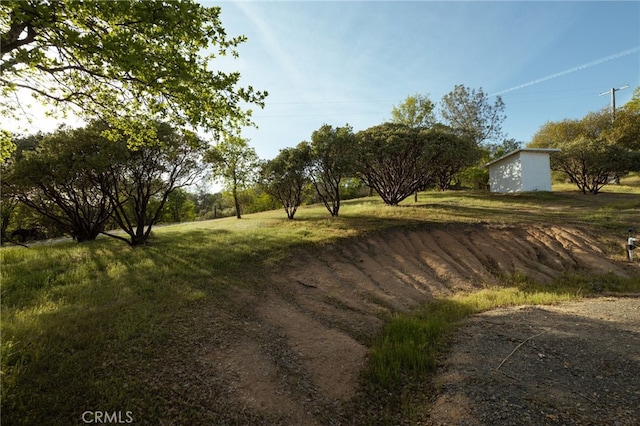 view of yard featuring an outdoor structure and a storage shed