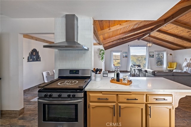 kitchen featuring wall chimney range hood, wood ceiling, stainless steel electric range, and open floor plan