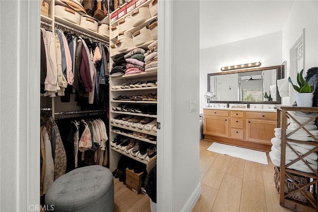 spacious closet featuring light wood-style floors and a sink