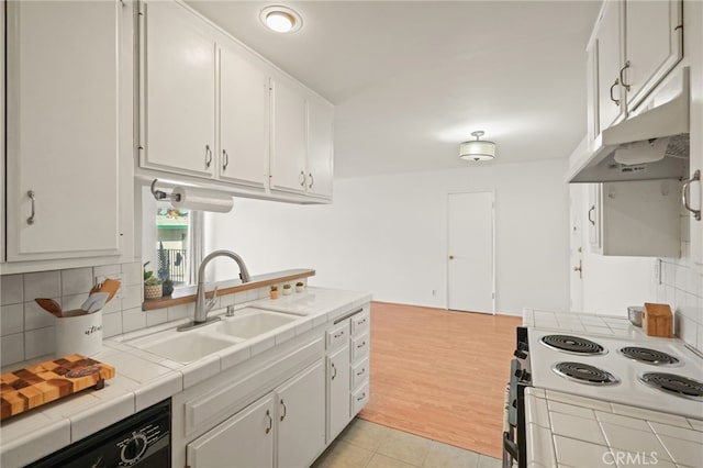 10240 Camarillo St Unit 204, Toluca Lake, CA 91602 - kitchen with white cabinets, a sink, white electric range, dishwasher, and under cabinet range hood