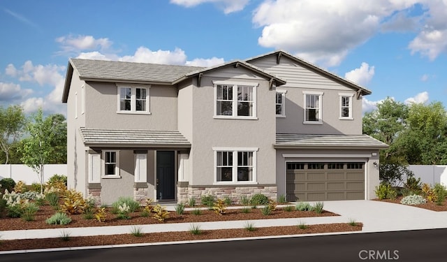 view of front of property featuring stucco siding, fence, stone siding, an attached garage, and driveway