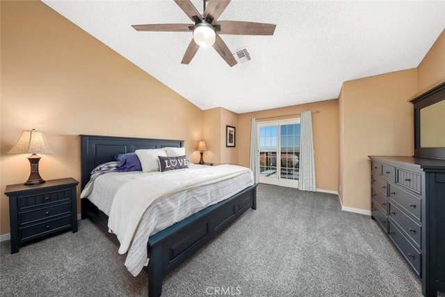 bedroom with access to outside, visible vents, baseboards, and carpet floors