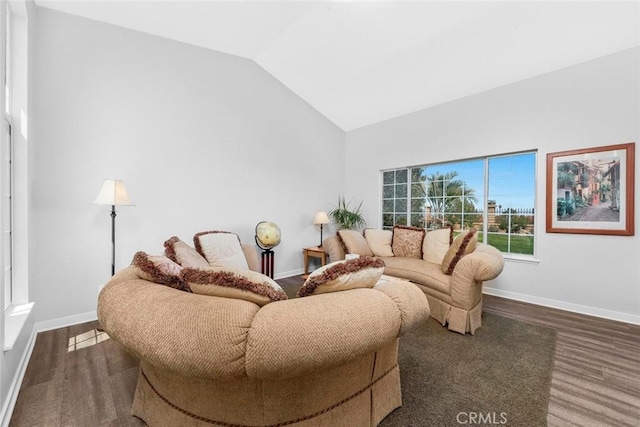 living room with baseboards, wood finished floors, and lofted ceiling