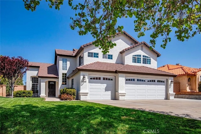 view of front of house featuring stucco siding, a front yard, a tile roof, an attached garage, and concrete driveway