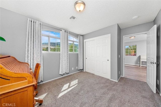 office featuring plenty of natural light, visible vents, a textured ceiling, and carpet floors