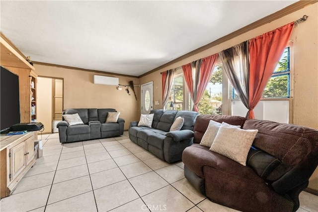 4516 Shasta Pl, El Monte, CA 91731 - living area with light tile patterned flooring, a wall unit AC, and ornamental molding