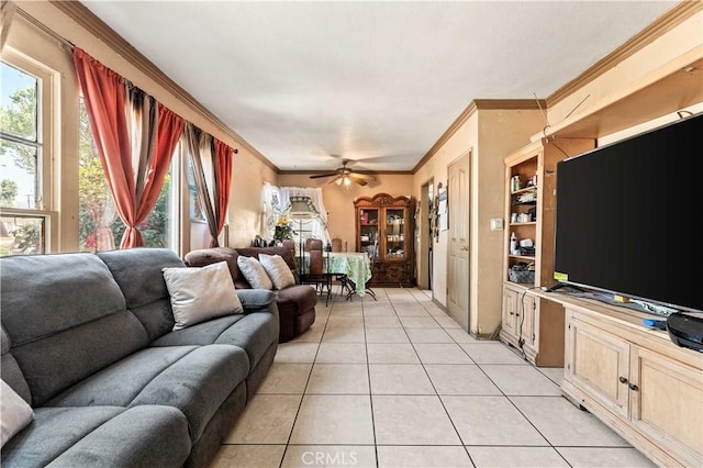 4516 Shasta Pl, El Monte, CA 91731 - living area featuring built in features, a ceiling fan, ornamental molding, and light tile patterned floors