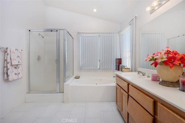 3594 N Verbena, Rialto, CA 92377 - bathroom with a shower stall, lofted ceiling, a whirlpool tub, double vanity, and tile patterned flooring