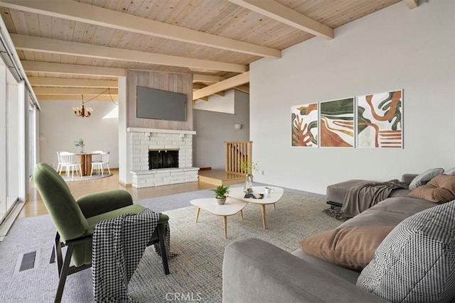 living room featuring wooden ceiling, lofted ceiling with beams, a chandelier, and visible vents
