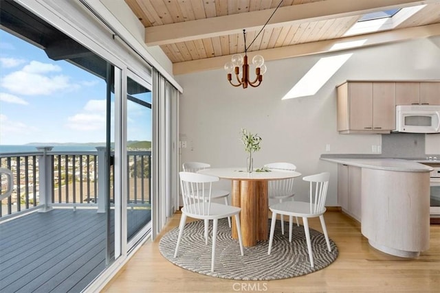 dining space featuring beamed ceiling, a skylight, wooden ceiling, and light wood-style floors