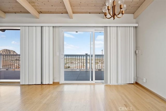 unfurnished room with beam ceiling, wood finished floors, wooden ceiling, baseboards, and a chandelier