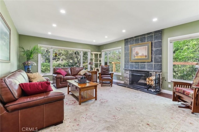 1460 E Glenoaks Blvd, Glendale, CA 91206 - living area with recessed lighting, a stone fireplace, and wood finished floors