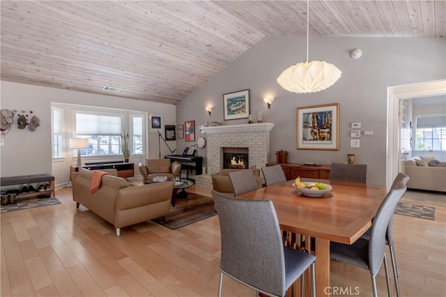 381 Old Toll Rd, Lake Arrowhead, CA 92317 - dining room with light wood-style floors, a fireplace, vaulted ceiling, visible vents, and wooden ceiling