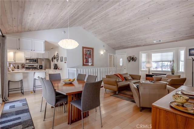 381 Old Toll Rd, Lake Arrowhead, CA 92317 - dining space with high vaulted ceiling, light wood-style flooring, and wood ceiling