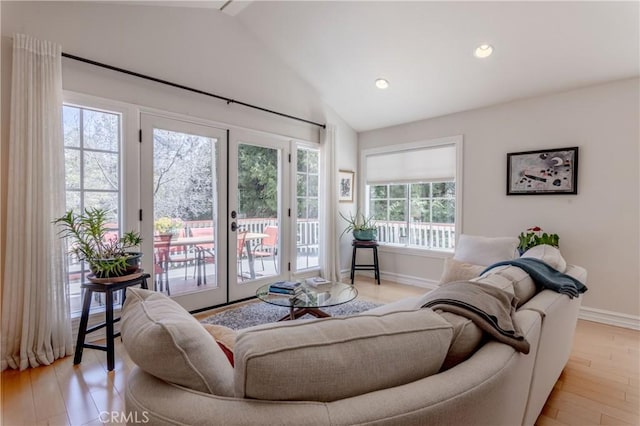381 Old Toll Rd, Lake Arrowhead, CA 92317 - living area featuring baseboards, recessed lighting, french doors, light wood-style flooring, and lofted ceiling