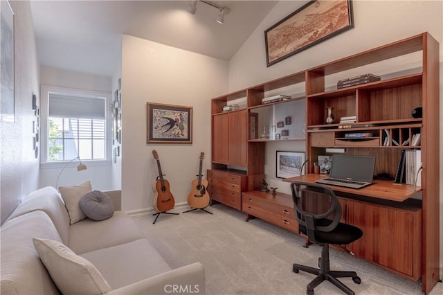 381 Old Toll Rd, Lake Arrowhead, CA 92317 - office space featuring baseboards, built in study area, rail lighting, light carpet, and lofted ceiling