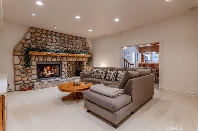 381 Old Toll Rd, Lake Arrowhead, CA 92317 - carpeted living room with recessed lighting and a stone fireplace