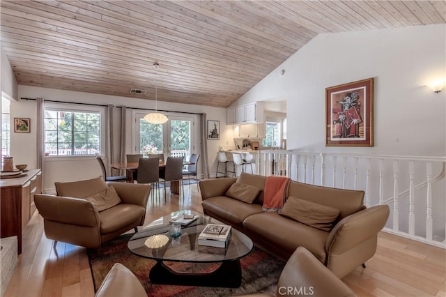 381 Old Toll Rd, Lake Arrowhead, CA 92317 - living room featuring light wood-type flooring, wooden ceiling, visible vents, and lofted ceiling