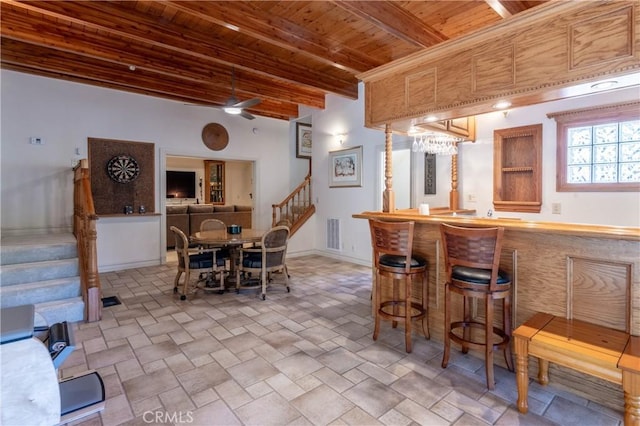 381 Old Toll Rd, Lake Arrowhead, CA 92317 - interior space featuring wet bar, stairs, visible vents, beamed ceiling, and wooden ceiling