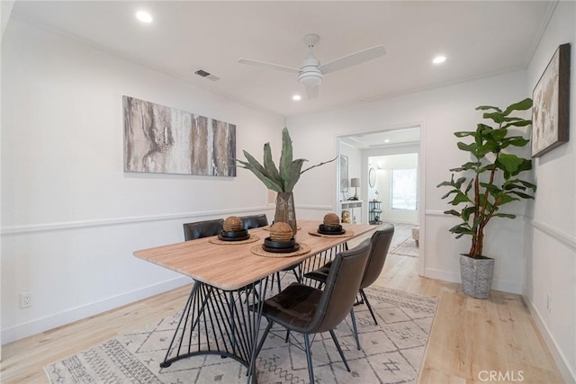 dining area with visible vents, ceiling fan, recessed lighting, and wood finished floors
