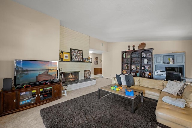 living area with carpet and a brick fireplace