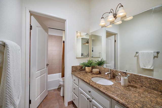 bathroom with toilet, tile patterned floors, ceiling fan, and vanity