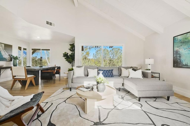 living room with visible vents, baseboards, beamed ceiling, wood finished floors, and high vaulted ceiling