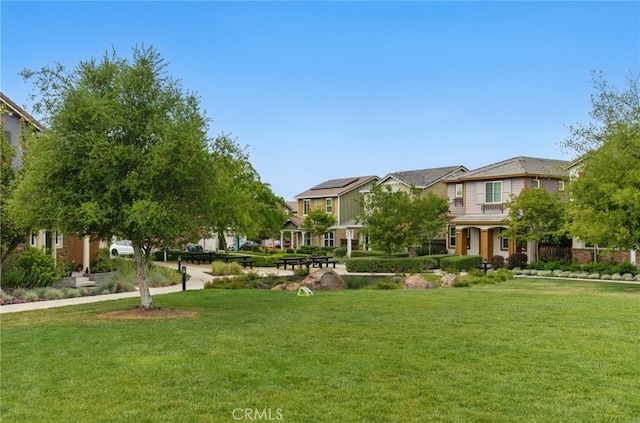 view of home's community with a residential view and a lawn