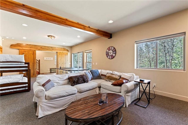 756 Brentwood Dr, Lake Arrowhead, CA 92352 - living room with recessed lighting, light carpet, and beamed ceiling