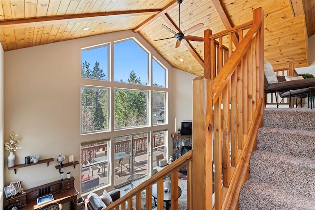 stairs with high vaulted ceiling, beamed ceiling, wooden ceiling, and ceiling fan