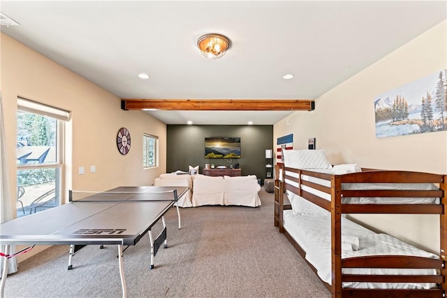756 Brentwood Dr, Lake Arrowhead, CA 92352 - recreation room with beam ceiling, carpet flooring, plenty of natural light, and recessed lighting