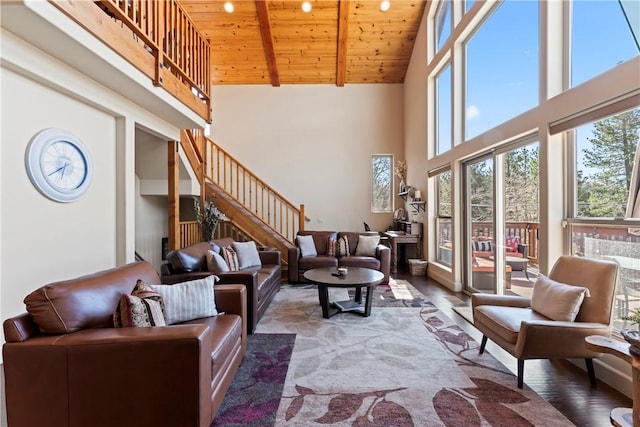756 Brentwood Dr, Lake Arrowhead, CA 92352 - living room with a wood ceiling with exposed beams, high vaulted ceiling, stairway, and wood finished floors