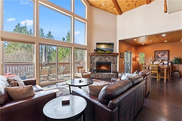 756 Brentwood Dr, Lake Arrowhead, CA 92352 - living room featuring wood ceiling, a towering ceiling, dark wood finished floors, a fireplace, and recessed lighting