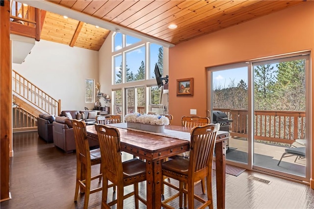756 Brentwood Dr, Lake Arrowhead, CA 92352 - dining space with a wood ceiling with exposed beams, wood finished floors, stairway, high vaulted ceiling, and recessed lighting