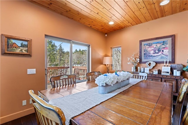 dining area with wood finished floors, baseboards, wooden ceiling, and recessed lighting