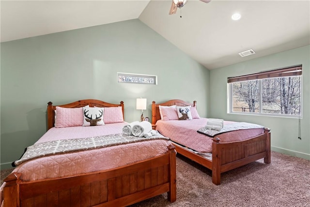 756 Brentwood Dr, Lake Arrowhead, CA 92352 - bedroom featuring carpet flooring, lofted ceiling, and ceiling fan