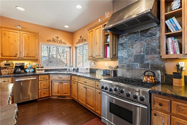 756 Brentwood Dr, Lake Arrowhead, CA 92352 - kitchen with appliances with stainless steel finishes, custom exhaust hood, dark wood-style flooring, recessed lighting, and dark stone countertops
