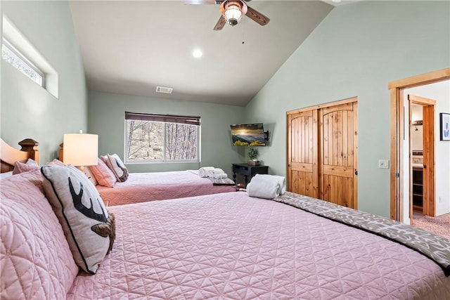 756 Brentwood Dr, Lake Arrowhead, CA 92352 - bedroom with multiple windows, high vaulted ceiling, carpet floors, and a ceiling fan