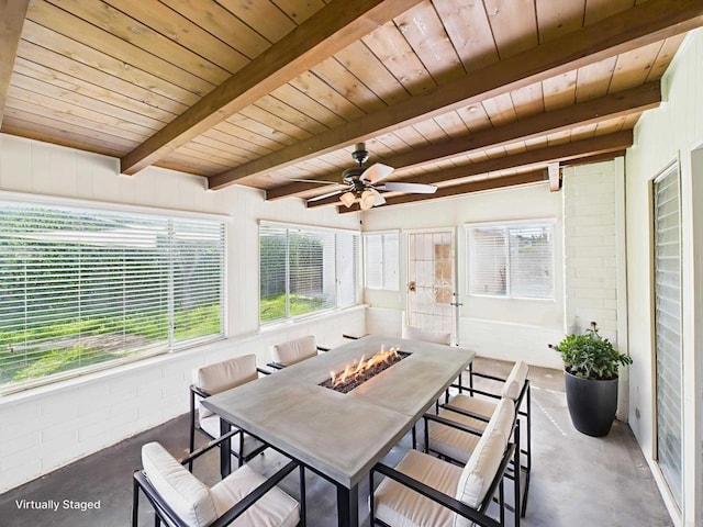 837 Oneonta St, Imperial Beach, CA 91932 - sunroom / solarium featuring ceiling fan, an outdoor fire pit, beam ceiling, and outdoor dining area