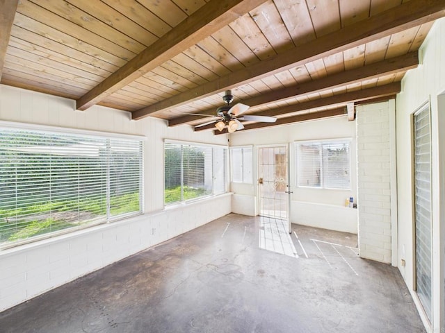 837 Oneonta St, Imperial Beach, CA 91932 - unfurnished sunroom with ceiling fan, wood ceiling with exposed beams, and concrete floors