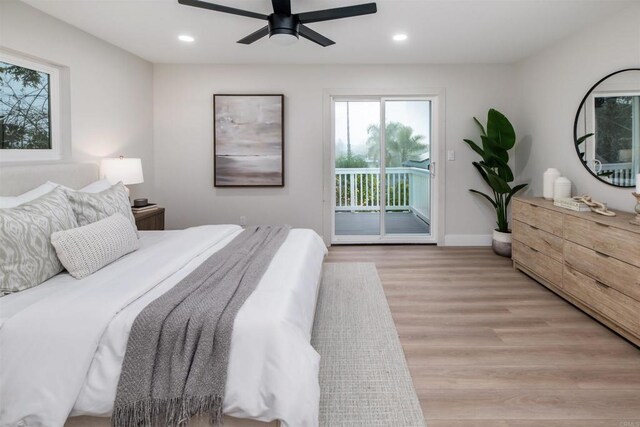 475 Parkwood Ln, Encinitas, CA 92024 - bedroom with access to exterior, recessed lighting, light wood-type flooring, and a ceiling fan