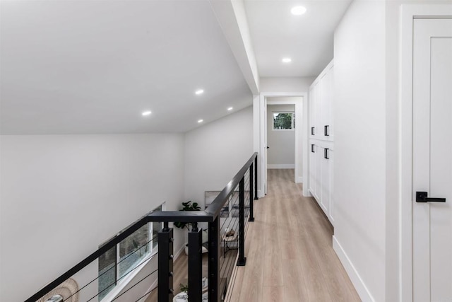 475 Parkwood Ln, Encinitas, CA 92024 - corridor featuring an upstairs landing, light wood finished floors, and recessed lighting