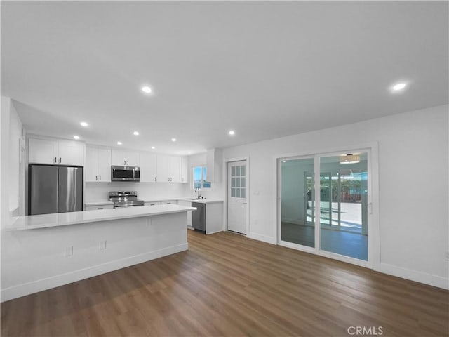 kitchen featuring dark wood-type flooring, appliances with stainless steel finishes, a sink, and light countertops