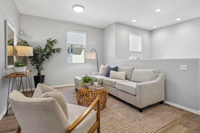 living area featuring wood finished floors, baseboards, and recessed lighting