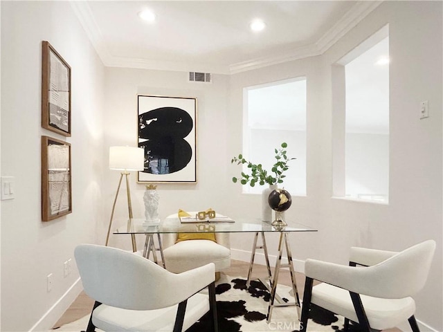 office area featuring crown molding, baseboards, visible vents, and recessed lighting