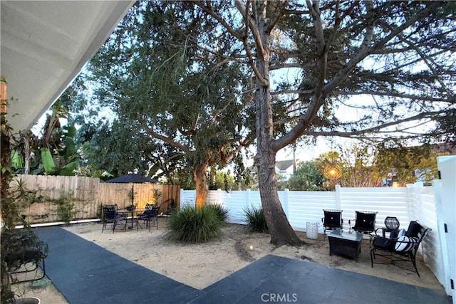 view of yard featuring a fenced backyard, outdoor dining space, and a patio area