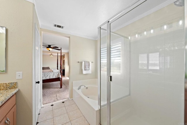 1396 Carneros Valley St, Chula Vista, CA 91913 - bathroom featuring vanity, a shower stall, a bath, a ceiling fan, and tile patterned floors